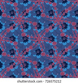 Vector traditional ornamental flower pattern on dress mockup. Can be used in dressing clothes, textiles. Embroidery colorful trend floral seamless pattern in purple, violet and blue colors.