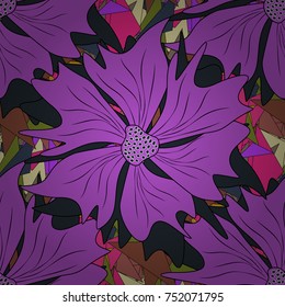 Vector traditional ornamental flower pattern on dress mockup. Can be used in dressing clothes, textiles. Embroidery colorful trend floral seamless pattern in violet, gray and black colors.