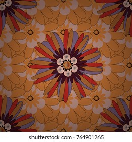 Vector traditional ornamental flower pattern on dress mockup. Can be used in dressing clothes, textiles. Embroidery colorful trend floral seamless pattern in yellow, brown and beige colors.
