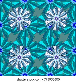 Vector traditional ornamental flower pattern on dress mockup. Can be used in dressing clothes, textiles, household items. Embroidery colorful trend floral seamless pattern in blue and violet colors.