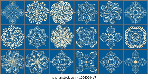 Vector Traditional ornate. Vintage pattern in blue theme. Abstract background. hand drawn illustration, typical portuguese tiles, Ceramic tiles. Set of mandalas