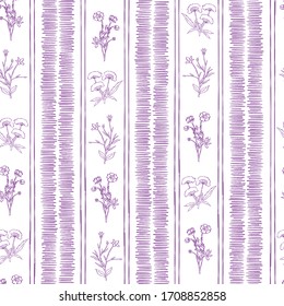 Vector traditional Provence seamless pattern. Romantic folk striped design with hand drawn flowers great for wallpaper, fabric, textile.