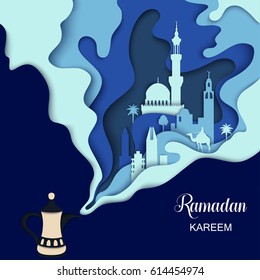 Vector traditional Ramadan symbol, arab tea pot. Kettle steam has the shape of mosque, arabian city, camel, palm. Ramadan Kareem background, poster, banner. Creative paper art concept and Ramadan idea