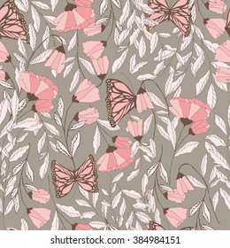 Vector traditional seamless pattern with Monarch butterflies, floral elements and spring flowers, vector illustration