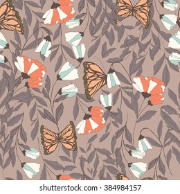 Vector traditional seamless pattern with Monarch butterflies, floral elements and spring flowers, vector illustration