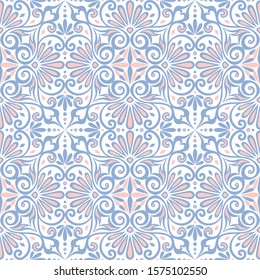 Vector traditional seamless vintage pink, white and blue square floral Greek ornament, Meander