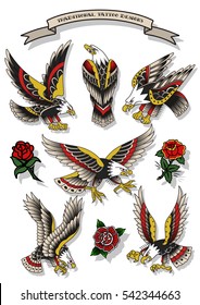 Vector Traditional Tattoo Eagles Set American Tattooing Culture Designs Flash