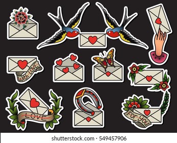 Vector Traditional Tattoo Envelopes Set Vintage Tattooing Letters with Hearts, Flowers, Swallows, Horseshoe, Butterfly, Ribbons. Valentine's Day Confession 