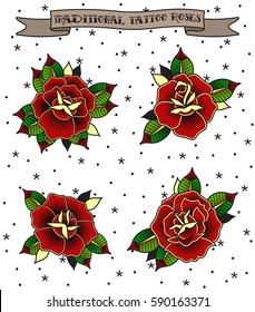 Vector Traditional Tattoo Roses Set Flowers Stickers