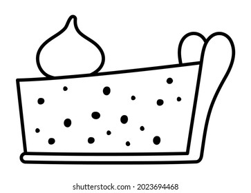 Vector traditional Thanksgiving black and white pumpkin pie piece side view. Autumn line dessert isolated on white background. Cute line illustration of fall holiday meal with cream.
