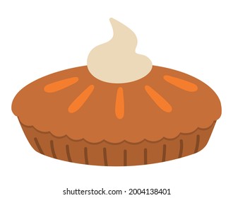 Vector Traditional Thanksgiving Pumpkin Pie Side View. Autumn Dessert Isolated On White Background. Cute Funny Illustration Of Fall Holiday Meal With Cream