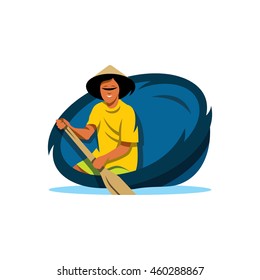 Vector Traditional Vietnamese boat Cartoon Illustration. A man with an oar in a round basket. Unusual Logo template isolated on a white background