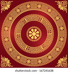 Vector Traditional vintage golden round Greek ornament (Meander) and floral pattern on a red background