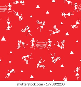 Vector traditional Warli Art painting seamless pattern - hand drawn traditional the ancient tribal art India. Perfect for fabric, wallpaper and printing projects.
