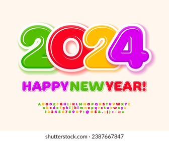 Vector traditional Wish Card New Year 2024! Bright Kids Font. Creative set of Alphabet Letters and Numbers