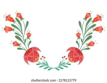 Vector traditional wreath of tulips and bluebells with folk art. Floral frame with ornaments for invitations. Natural border for postcards