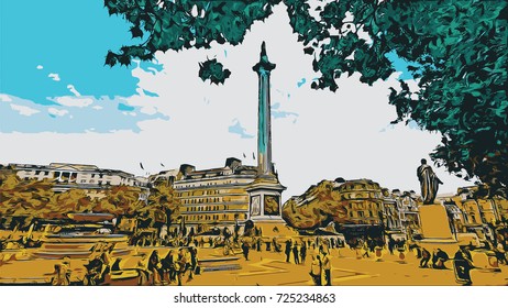 Vector of Trafalgar Square is a public square in the City of Westminster, Central London UK ( United kingdom, England ) in illustration svg