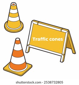 Vector Traffic Cones and Yellow Sign with white background. 