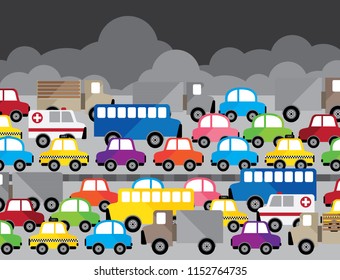 Vector traffic jam in the city. air pollution on the road.