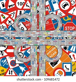 Vector - Traffic Jam on Highway at Traffic Signs Background
