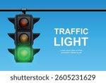 Vector Traffic Light with Green Signal on Blue Sky Background. Realistic Road Stoplight for Transportation, Safety, Driving, Crosswalk, Urban Street and Traffic Control Concept Design
