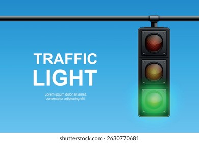 Vector Traffic Light with Green Signal on Blue Sky Background. Realistic Road Stoplight for Transportation, Safety, Driving, Crosswalk, Urban Street and Traffic Control Concept Design