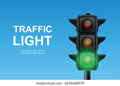 Vector Traffic Light with Green Signal on Blue Sky Background. Realistic Road Stoplight for Transportation, Safety, Driving, Crosswalk, Urban Street and Traffic Control Concept Design