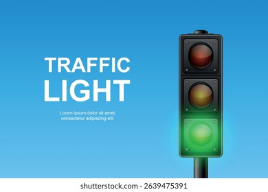 Vector Traffic Light with Green Signal on Blue Sky Background. Realistic Road Stoplight for Transportation, Safety, Driving, Crosswalk, Urban Street and Traffic Control Concept Design