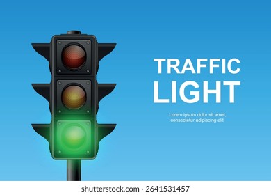 Vector Traffic Light with Green Signal on Blue Sky Background. Realistic Road Stoplight for Transportation, Safety, Driving, Crosswalk, Urban Street and Traffic Control Concept Design