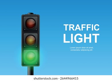 Vector Traffic Light with Green Signal on Blue Sky Background. Realistic Road Stoplight for Transportation, Safety, Driving, Crosswalk, Urban Street and Traffic Control Concept Design