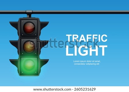 Vector Traffic Light with Green Signal on Blue Sky Background. Realistic Road Stoplight for Transportation, Safety, Driving, Crosswalk, Urban Street and Traffic Control Concept Design