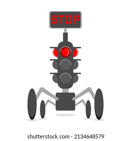 vector traffic light robot that can move on its feet with a red traffic light flashing, and it says stop