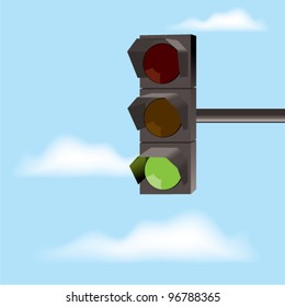 vector traffic lights with green color and blue sky with clouds