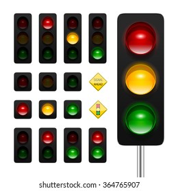 Vector traffic lights icon set. High quality realistic three aspects, dual aspects and single aspects traffic signals icons isolated on white. Traffic lights ahead and signal ahead road signs.