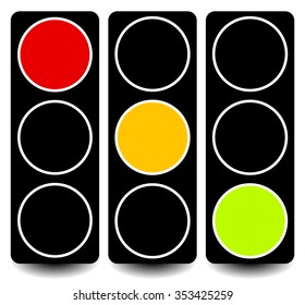 Vector traffic lights, lamps, semaphores in sequence on white.