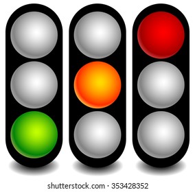 Vector traffic lights, lamps, semaphores in sequence on white.