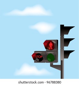 vector traffic lights with red color and blue sky with clouds
