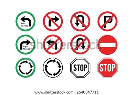 Vector traffic sign collection including stop, no entry, roundabout, no turn, and direction icons for road safety visuals
