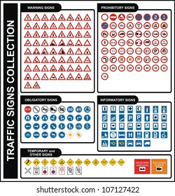 Vector Traffic Signs Collection Including Warning Prohibitory Obligatory Informatory Temporary Symbol Icon Set Road Safety Junction Roundabout Highway Two Way Bridge Tunnel Vehicle Pedestrian Arrows 