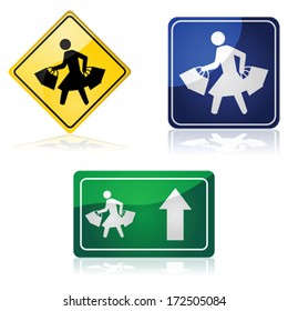 Vector traffic signs showing a woman carrying shopping bags