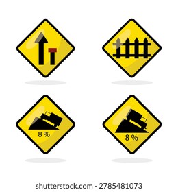 Vector traffic warning signs set with steep hill and railway crossing symbols