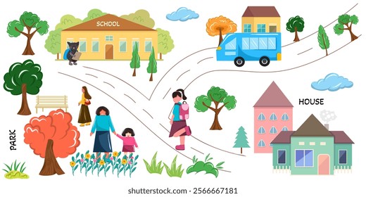 Vector trail map with pathway and school building, students go to school, houses, different people walking in the park and the vehicle is on the road. Education concept.