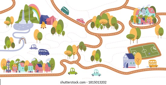 Vector trail map with pathways and camp, mountains, waterfall, river and trekking. Map of the tiny city with houses, school, football field and cars. 