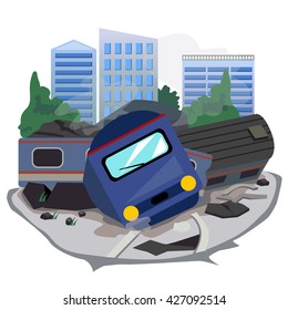 Vector of train accident and background building.