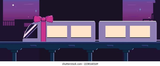 Vector train in the city of bright lights at night
