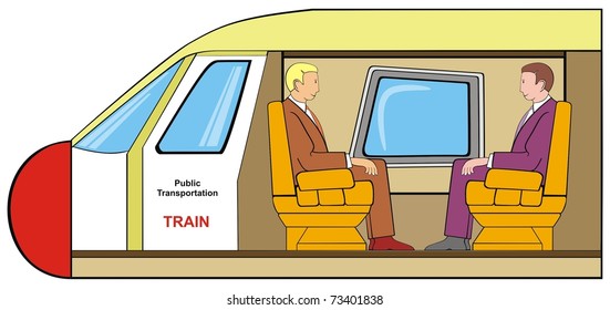 VECTOR - Train with Cross-Section for the First Class Seat - Two Businessmen Setting on Comfortable Seats Discussing and Talking - Using of Public Transportation Concept - Multi-Use