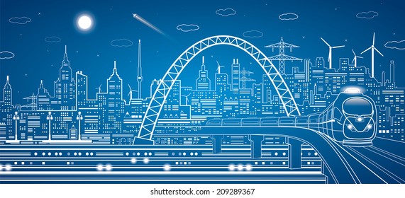 Vector train on the bridge, light city, plane fly, infrastructure panorama