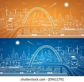 Vector train on the bridge, light city, plane fly, infrastructure panorama, day and night