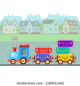 Vector train with piles of colorful cases in the street. Travelling. Summer holidays. Bright baggage. Cute cartoon laggage. Tourist elements. Moving house. Town landscape