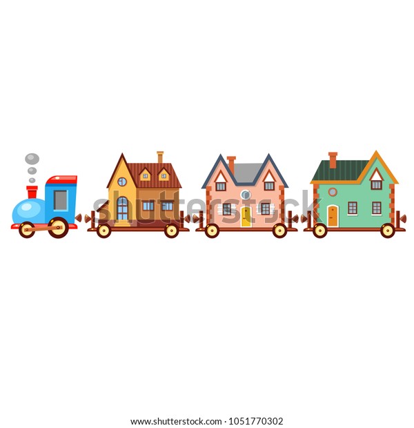 Vector Train Three Houses Trailers Travelling Stock Vector Royalty Free